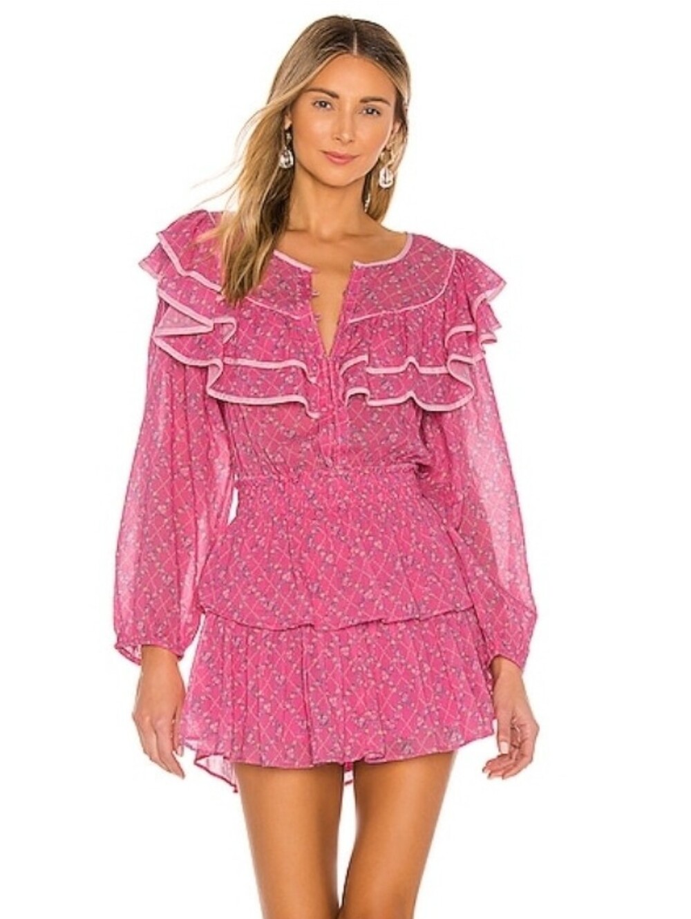 LoveShackFancy Luca Mini Dress Floral Tiered Ruffle Cotton In Pink Size XS